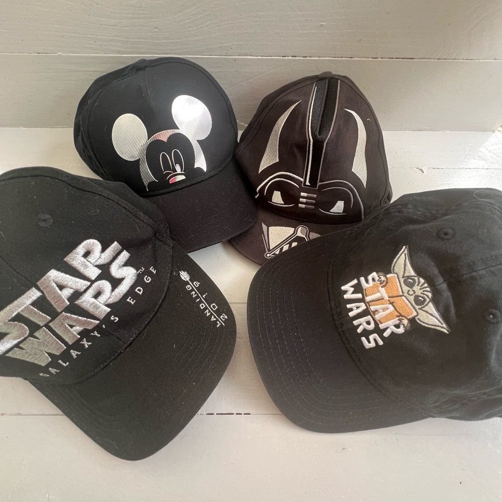 Disney Hat  Family Pack.  Qty 4 Black Adult / uni size Hats Star Wars, Mickey